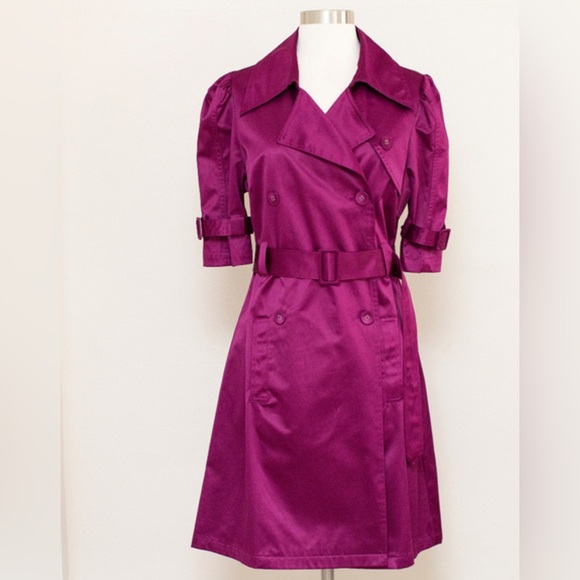 NWT ELLE Satin Trench Coat Dress in Magenta - Picture 5 of 10